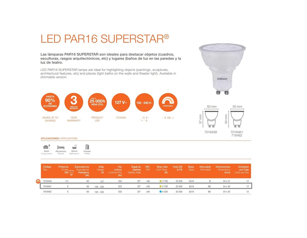 Lampara LEDs   6,0W BLC 220V PAR16   36º GU10