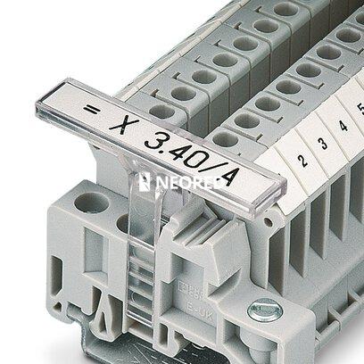 Marcador de regletas de bornes, para la señalización de regletas, altura ajustable, emplear con los soportes finales E/UK, E/NS 35 N, o CLIPFIX 35, superficie útil: 44 x 7 mm