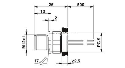 Macho de montaje incorporado para sensores/actuadores, 5 polos, M12, codificado A, montaje en paredes delanteras/montaje atornillado con rosca Pg9, posicionable, con hilo TPE de 0,5 m, 5 x 0,34 mm²