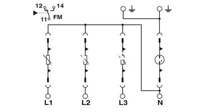 Descargador de corrientes de rayo / sobretensiones enchufable universal equipado con varistores para redes trifásicas de alimentación de corriente con N y PE separadas (sistema de 5 conductores: L1, L2, L3, N, PE) para las clases de protección contra rayo