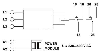 Relé de supervisión para la supervisión de tensiones de 3 fases de 350...650 V AC, subtensión, Window, secuencia de fases, fallo de fases, asimetría, tensión de alimentación seleccionable a través de módulo de potencia, 2 contactos conmutados