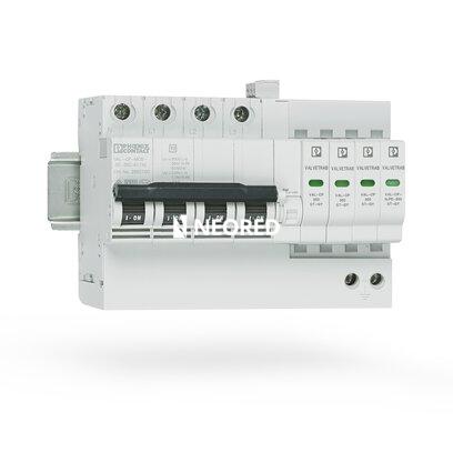 Combinación de protección contra sobretensiones tipo 2 y fusible previo de descargador, con monitorización del descargador y del fusible previo, en combinación con contacto de indicación remota. Ejecución: Sistema de 5 conductores (L1, L2, L3, N, PE), mon