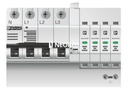 Combinación de protección contra sobretensiones tipo 2 y fusible previo de descargador, con monitorización del descargador y del fusible previo, en combinación con contacto de indicación remota. Ejecución: Sistema de 5 conductores (L1, L2, L3, N, PE), mon