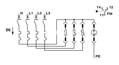 Combinación de protección contra sobretensiones tipo 2 y fusible previo de descargador, con monitorización del descargador y del fusible previo, en combinación con contacto de indicación remota. Ejecución: Sistema de 5 conductores (L1, L2, L3, N, PE), mon