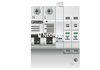 Combinación de protección contra sobretensiones tipo 2 y fusible previo de descargador, con monitorización del descargador y del fusible previo, en combinación con contacto de indicación remota. Ejecución: Sistema de 3 conductores (L1, N, PE), montaje en 