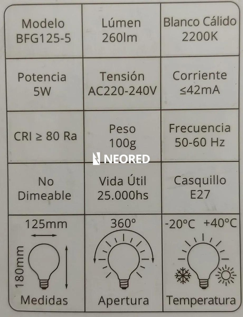 BULBO G125 FILAMENTO GOLDEN MACROLED 5W E27 AC180-265V AMBAR 2200K