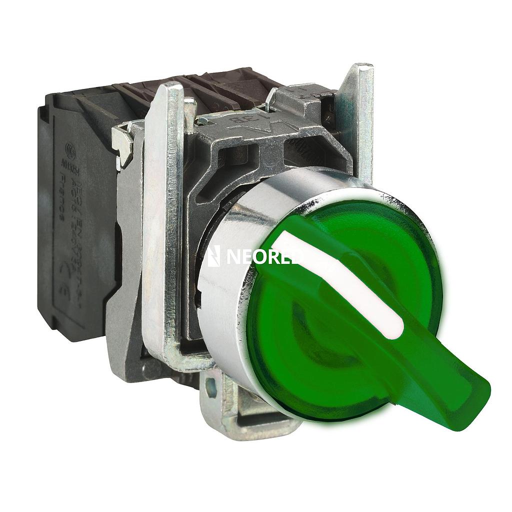 Selectora lumin 2 Posiciones Fijas con retención, metálica, 1NA+1NC, Led 24VAC/VDC, Verde