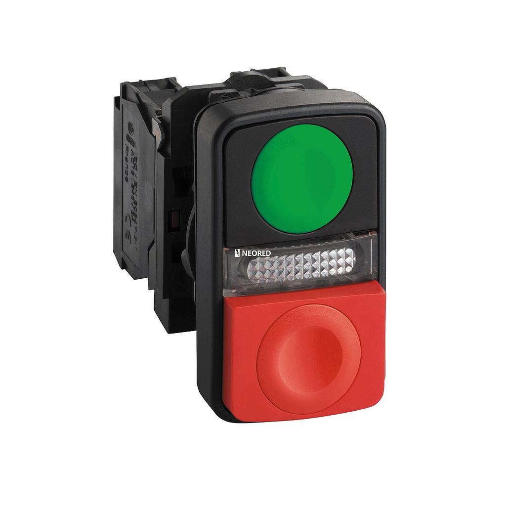 Pulsador Luminoso Doble Verde/Rojo Saliente Led 230V 1NA+1NC