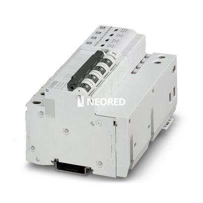 Combinación de protección contra sobretensiones tipo 2 y fusible previo de descargador, con monitorización del descargador y del fusible previo, en combinación con contacto de indicación remota. Ejecución: Sistema de 5 conductores (L1, L2, L3, N, PE), mon