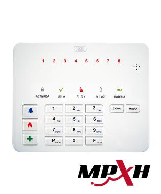 [XVOT8L-MPXH] Teclado LED 8 zonas. Leds de estado, inclusión de zonas y memorias. Teclas de pánico, incendio y emergencia médica independientes. Teclas para programaciones y test. Asistencia por voz de los mensajes del sistema. Expansor de zona incorporado. Zócalo para Módulo Plug In inalámbrico.