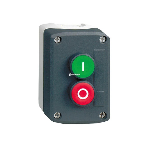 [SCHXALD213] Caja plástica, con 2 pulsadores verde 1NA y rojo 1NC, etiquetas I/O