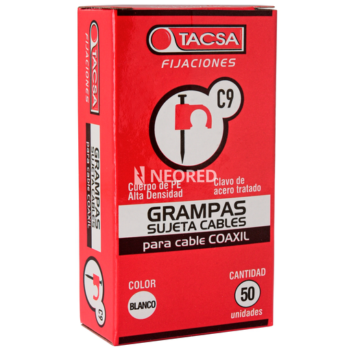 [TACPTGRAM09CB] Grampas de polietileno de alta densidad para cable coaxil Nº9 BLA x estuche de 50 unidades