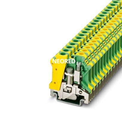 [PHO0442079] Borne de tierra para carril, tipo de conexión: Conexión por tornillo, número de conexiones: 2, sección:0,2 mm² - 10 mm²,  AWG: 24 - 8, anchura: 8,2 mm, altura: 45,8 mm, color: amarillo-verde, clase de montaje: NS 35/7,5, NS 35/15, NS 32