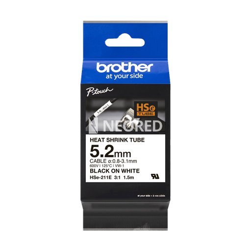 [VDTHSE211E] Cinta tubo termocontraibles para cables. Texto negro sobre fondo blanco. Ancho: 5,2mm. Longitud: 1,5m. Cable recomendado: ø 0,8mm a 3,1mm.
