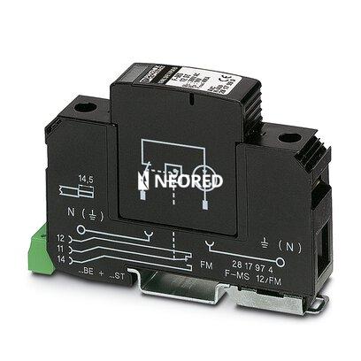 [PHO2817974] Descargador de sobretensiones tipo 2, compuesto por elemento de base con contacto de indicación remota (FM) y protección enchufable con descargador de arco de corriente suma N-PE, para montaje sobre NS 35/7,5, anchura de la carcasa: 17,5 mm (1UD)