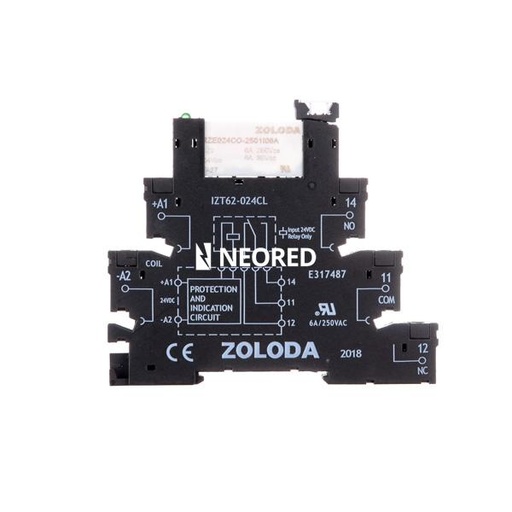 [ZOL221.019] Interface electrom. 6, 2mm. tornillo 1 cont. inv. Ent: 24 VCC (+A1-A2)  Sal: 250 Volt 1x6 A, relé 24VCC. IZET62-024CL-024CO-2501I06